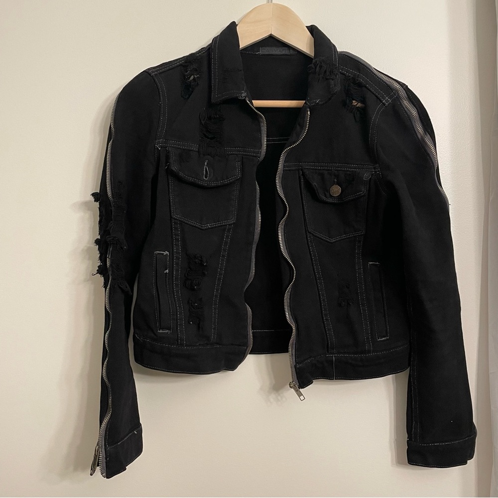 Carmar Distressed Zipper Cropped Black Denim Jean Jacket Small